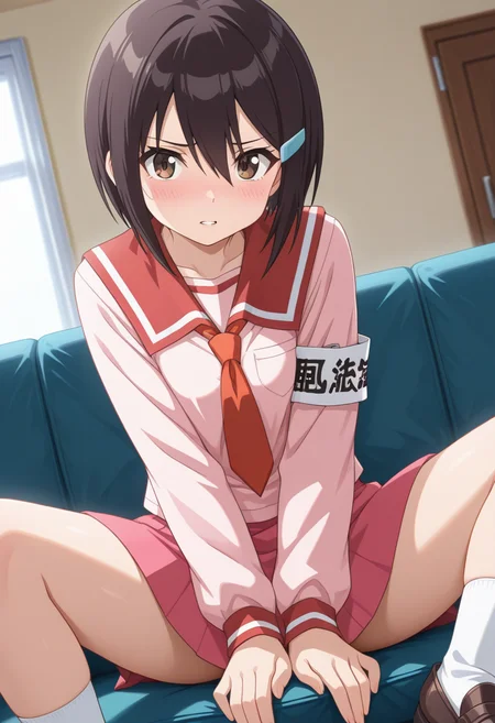 masterpiece, best quality, amazing quality, 1girl, solo, mawariww, brown eyes, black hair, short hair, hair between eyes, hairclip, school uniform, pink serafuku, red sailor collar, pink shirt, long sleeves, armband, red pleated skirt, socks, loafers, <lora:Zenigata_Mawari_Seto_no_Hanayome_ill_v20:0.8>, (dutch angle), leaning forward, sitting, v arms, arms between legs, indoors, spread legs, wide spread legs, living room, on couch, couch, looking at viewer, (embarrassed, seductive), parted lips, blush, skindentation, detailed clothing folds, depth of field, sharp, high contrast, dynamic light