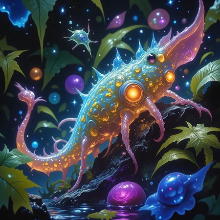 highly detailed, intricate, detailed background, award-winning macro photo, (short depth of field:1.2), hyper realistic, neon hues, subsurface scattering, the tiny "flimsy mudwocky" is a (softly glowing:1.4) dimension traveling creature, its nadderish (bioluminscent tendrils:1.2) help it navigate the wondrous wilderness on planet "fran dreslicar vii", with its translucent gurbleblarzes it absorbs nutrients from its vabbling prey, (dappled sunlight:1.1), golden ratio, in the style of ck-ovf, amanoer, arsmjstyle, dnddarkestfantasy, aidmamj6.1, 
<lora:style-oneviolentfantasy-ep21-flux-by_chronoknight:0.68> 
<lora:style-yoshitaka_amano-elden_ring-flux-by_alicient:0.36> 
<lora:style-dnd_dark_fantasy-flux-by_arsmachina:0.96> 
<lora:midjourney_61-v0.4-flux-by_aidma:0.48> 
<lora:faetastic_details-flux-by_faeia:0.44>