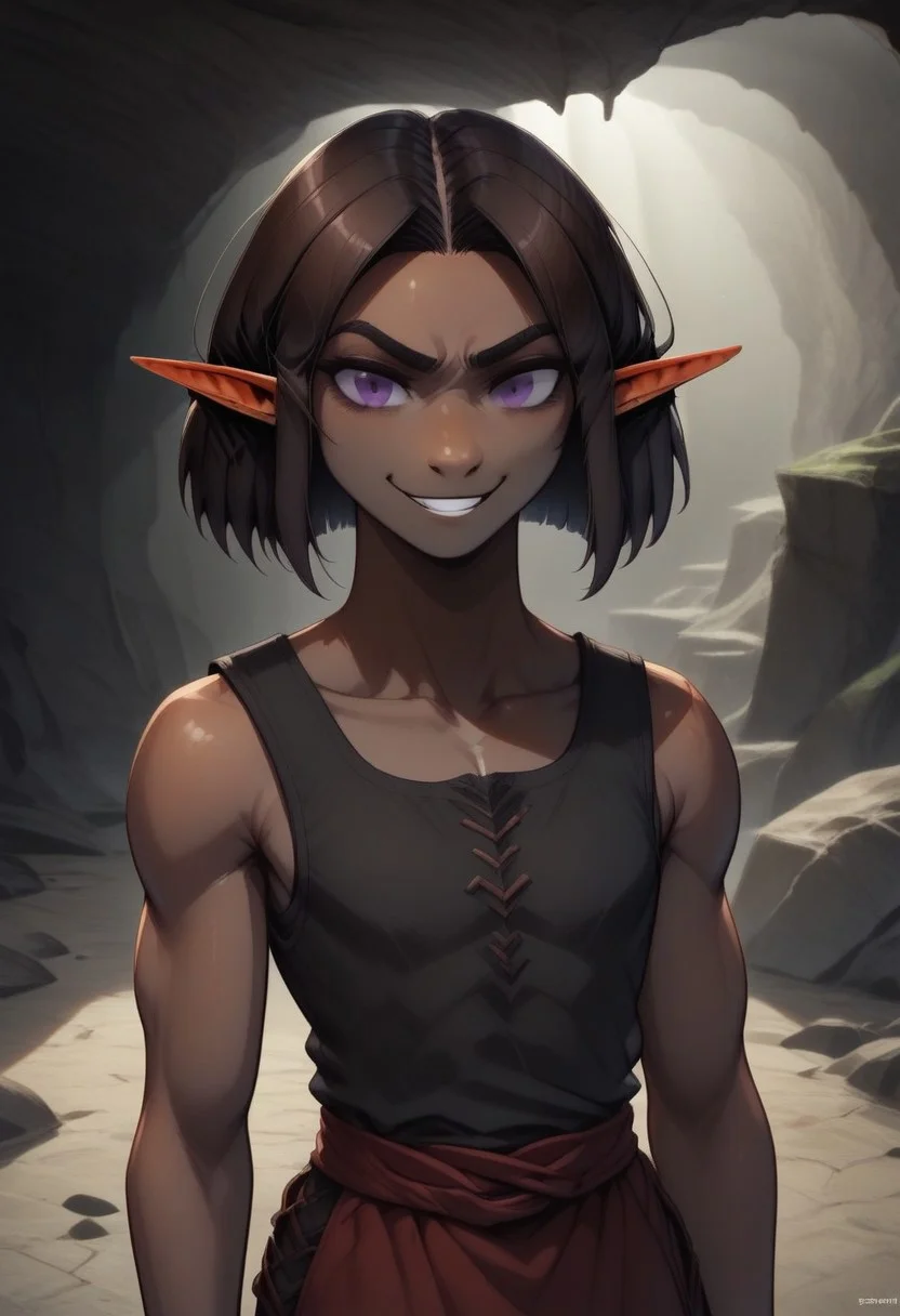 Repeta, 1 person, snout nose, solo, pointy ears, violet eyes, dark skin, dark brown hair, chin-length hair, parted hair, black sleeveless top, close up, cowboy shot, full frontal shot, face focus,
Face raised, smirking,
organic cavern background,
Medieval style,
Bordered by rock walls, front view,
Smooth colors, highly detailed face, clean lines, high quality, best quality, masterpiece, score: 9, score: 8 up, rating: safe, source: semi-realistic,