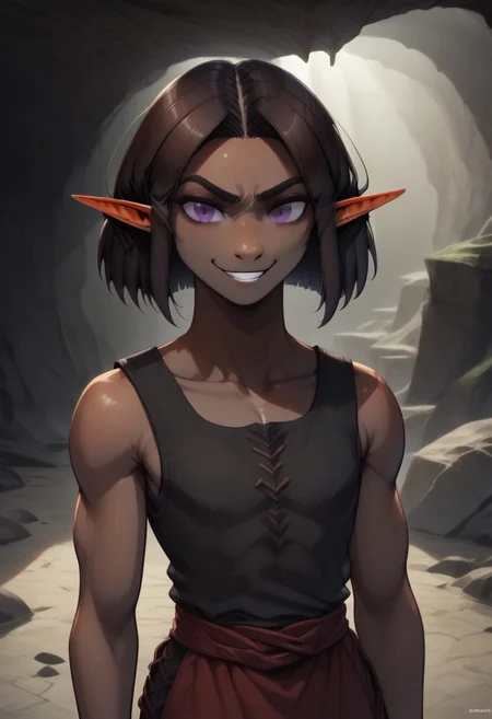 Repeta, 1 person, snout nose, solo, pointy ears, violet eyes, dark skin, dark brown hair, chin-length hair, parted hair, black sleeveless top, close up, cowboy shot, full frontal shot, face focus,
Face raised, smirking,
organic cavern background,
Medieval style,
Bordered by rock walls, front view,
Smooth colors, highly detailed face, clean lines, high quality, best quality, masterpiece, score: 9, score: 8 up, rating: safe, source: semi-realistic,