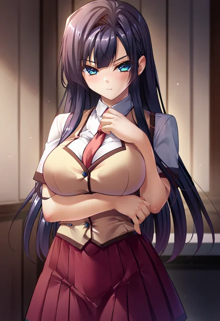 score_9,score_7_up,(source_anime),zPDXL2,indoors BREAK
5ak1,solo,long hair,large breasts,black hair,blue eyes,school uniform,red skirt,necktie,upper body,cowboy shot,arm under breasts<lora:morimiya:1>close-up,