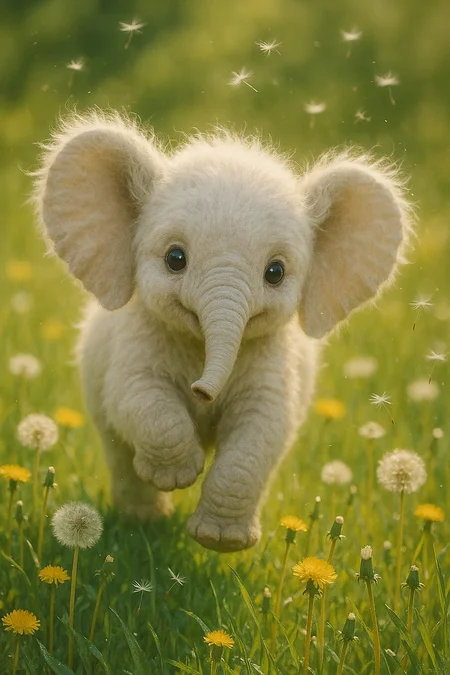 A fluffy, cute tiny elephant cub waddles playfully through a sunlit meadow dotted with vibrant dandelions, its large, round eyes glistening with curiosity. The soft, white fur radiates warmth, while its oversized ears flap lightly with each enthusiastic step. As gentle breezes carry wisps of dandelion seeds into the air, the scene encapsulates a whimsical, carefree moment in nature’s embrace, emphasizing the elephant's joyful exploration. masterpiece raw analog candid photography