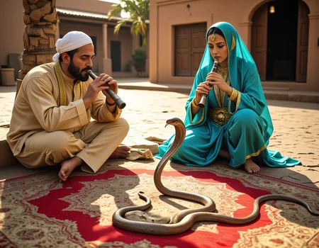 cinematic film still , A sun-drenched square in a verdant desert oasis village, small but vibrant. A weathered, intricately patterned carpet, deep crimson and gold, lies spread before a male Arab snake charmer. He sits cross-legged, draped in a flowing, beige djellaba, his hands nimbly dancing over the polished, dark-wood flute. Each note that emerges is clear and resonant, echoing across the still air, punctuated by the rustle of the nearby date palms. Opposite him, a captivating Arab belly dancer, veiled in a shimmering, emerald blue and gold, embroidered belly dancer heram outfit and face veil, gracefully whirls, her movements a hypnotic blend of fluidity and power. The veil catches the sun's rays, creating a halo around her face, making her body and shimmering silver python seem to glow. The python coils around her waist with mesmerizing grace, its scales reflecting the light in sparkling emerald and silver. The warm desert air hums with the hypnotic rhythm of her dance and the music. The scene is framed by the ochre-hued adobe buildings of the village, their doorways and windows opening to reveal glimpses of a bustling yet serene life.
<lora:moroccan-snake-charmer:1> <lora:flux_cultures_age_v308:1> <lora:HaremOutfit_v1.0_000001250:1>, . shallow depth of field, vignette, highly detailed, high budget, bokeh, cinemascope, moody, epic, gorgeous, film grain, grainyâââ
