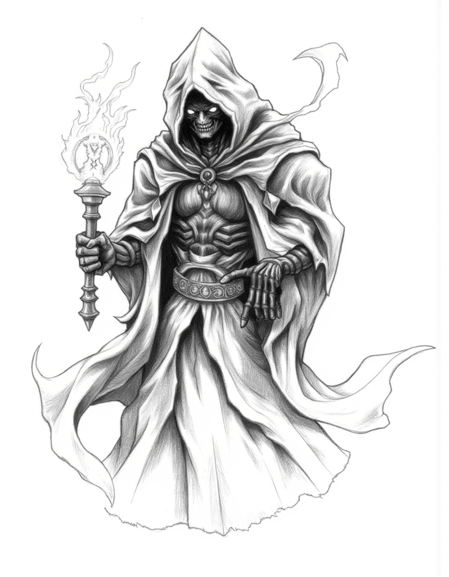 Halloween_Art_Style_Concept, A detailed pencil drawing of a powerful, evil sorcerer with dark, shadowy magic swirling around him. His eyes glow faintly beneath a deep, hooded cloak, his skeletal fingers gripping a staff topped with a glowing orb. His face is sunken, with sharp, angular features, giving him a sinister, almost deathly appearance. The lines of his robe are intricate and flowing, decorated with dark symbols. Shadows envelop his figure, giving him a mystical yet fearsome aura.