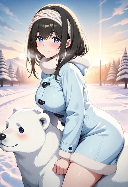 masterpiece, best quality, newest, absurdres, highres, anime,
fumika sagisawa, blue eyes, black hair, long hair, large breasts,
blush, smile,
winter clothes,
1girl, solo,
outdoors, winter,
Animal Christmas, cute animal, polar bear,
riding, side view,