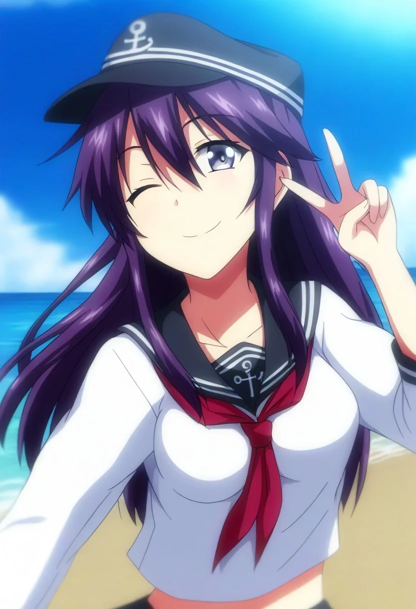 score_9,score_8_up,score_7_up,source_anime,anime, BREAK,
JoshiLuck_AnimeStyle,
(cute),1girl, akatsuki (kancolle), (medium breasts), purple hair, long hair, hair between eyes, purple eyes,
serafuku, black flat cap, black sailor collar, black mini skirt, long sleeves, neckerchief, red neck ribbon, sailor collar,
looking at viewer,
smile, cheerful, wink, v sign,
(any pose),
angle:random,
outdoors, shiny light, beach,