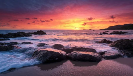 amazing photograph of gorgeous view, award winning, breathtaking, photo of the year, 4k, hyperrealistic, dramatic lighting <lora:Earth35_000010:0.4> <lora:Landscape_Unleashed:0.8>
A red and pink sky is reflected in the water next to a rocky shoreline. This serene scene displays a vast ocean at sunset, as the warm hues of the clouds slowly blend with the cooler tones of the water. The sun sinks beneath the horizon, casting its final rays into this picturesque landscape. On this shore, numerous rocks can be observed, some in the foreground and others further away, giving an impression of depth to the scene. Overall, it is a beautiful and tranquil representation of nature's beauty.