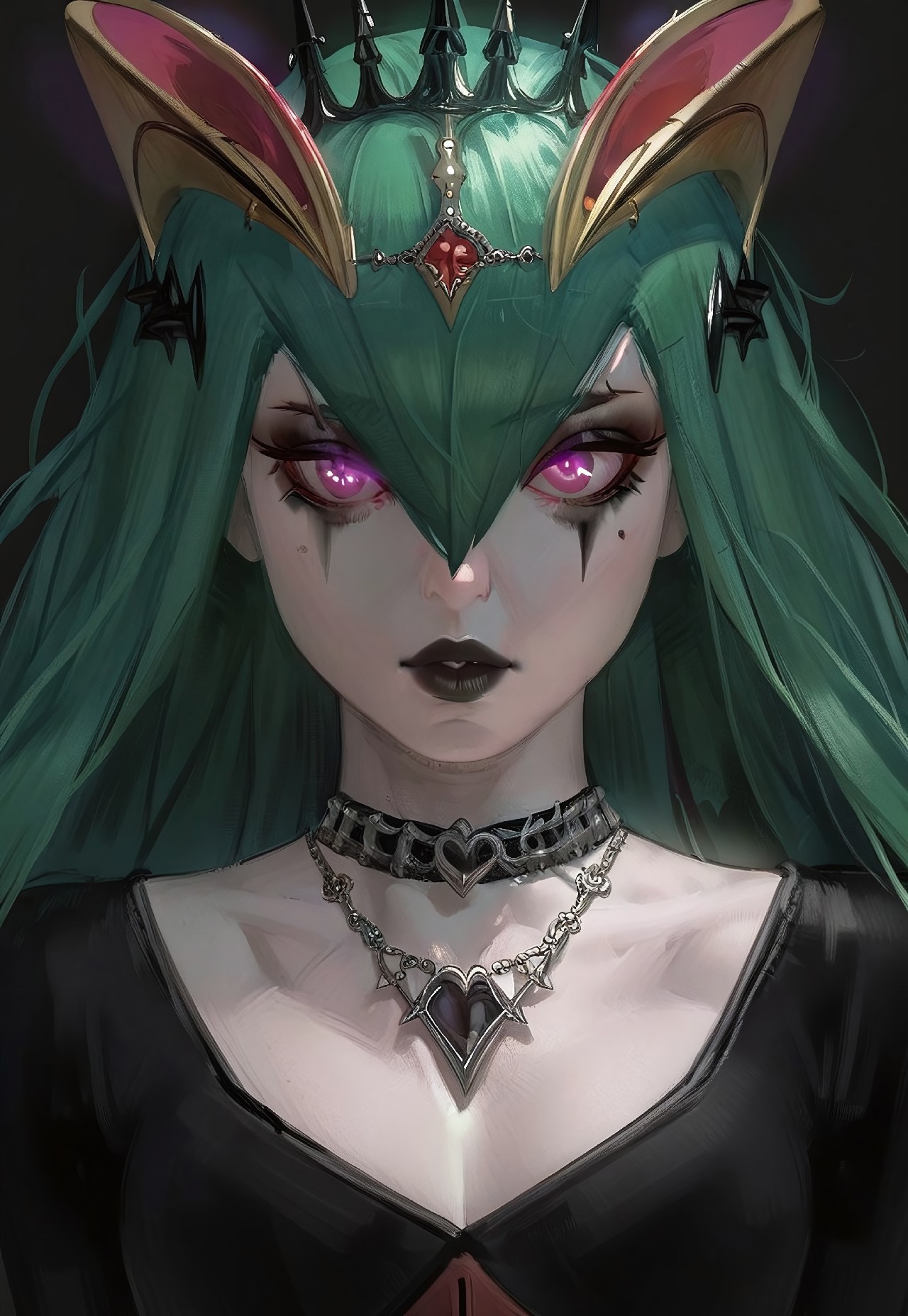 score_9, score_8_up, score_7_up, source_anime, hi res, masterpiece, best quality, highres, Nameless_Style, Gothic, Goth girl, kirlia, 1girl, long hair, green hair, crown, jewelry,necklace,makeup,lipstick,black background,portrait,glowing eyes, upper body, close up