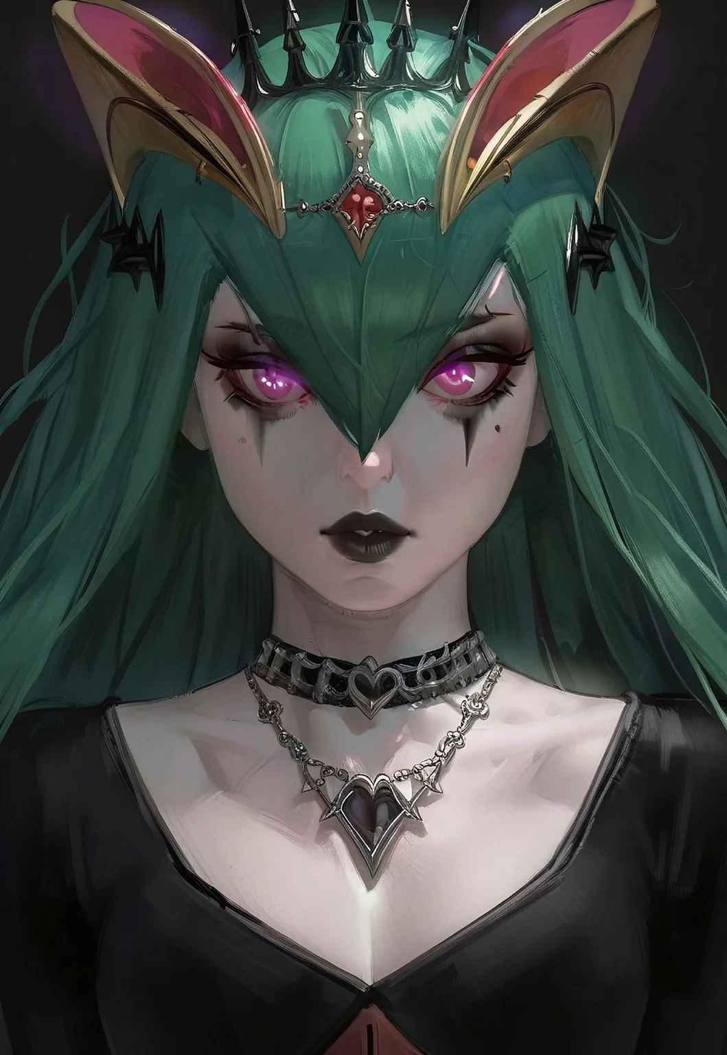 score_9, score_8_up, score_7_up, source_anime, hi res, masterpiece, best quality, highres, Nameless_Style, Gothic, Goth girl, kirlia, 1girl, long hair, green hair, crown, jewelry,necklace,makeup,lipstick,black background,portrait,glowing eyes, upper body, close up