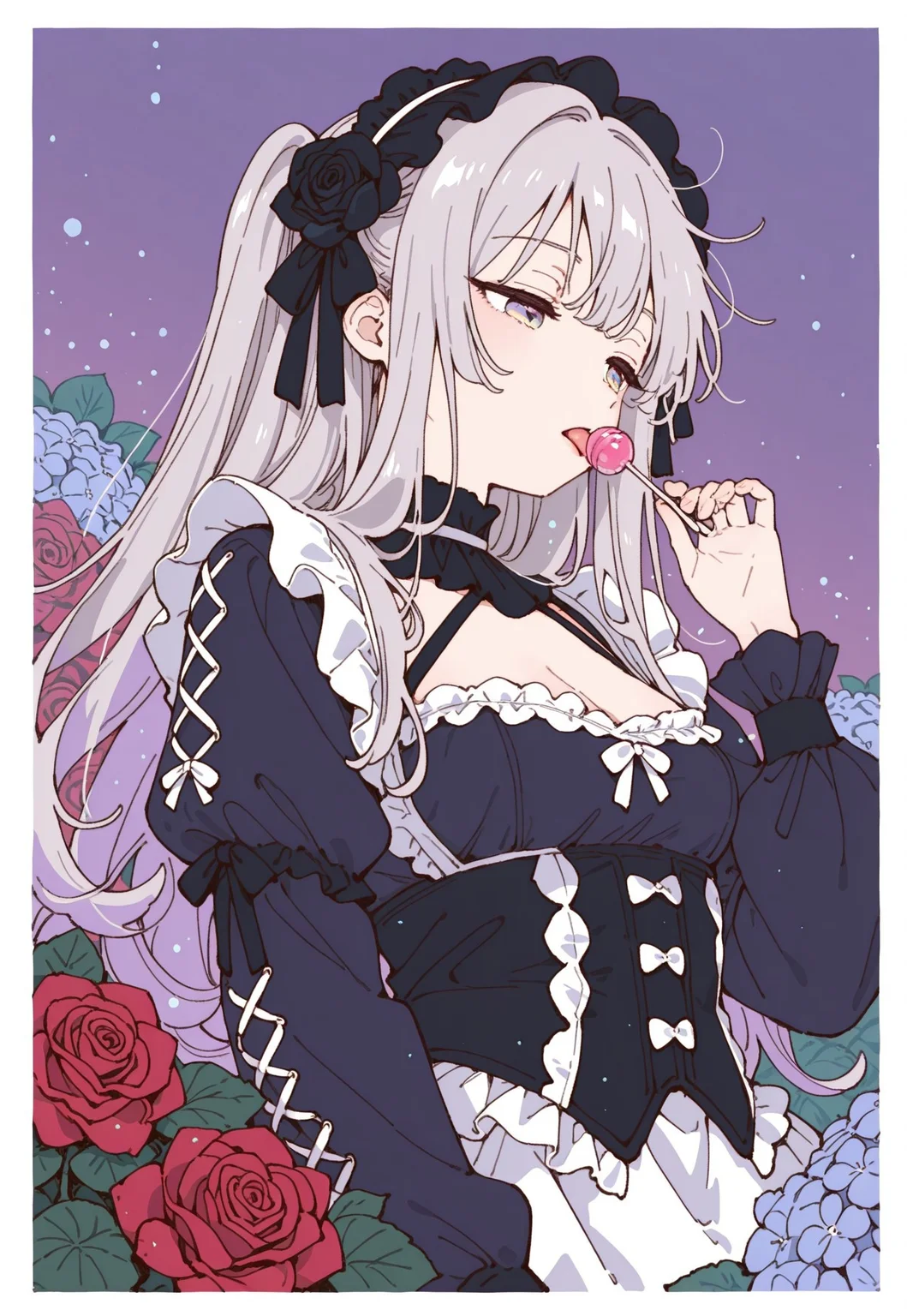 masterpiece, best quality, good quality, newest, highres, absurdres, from below,
pastel cyan eyes, grey hair, multi colored hair, long hair, hair ornament, twintale,
victorian black maid dress, frilled skirt, half closed eyes, dazed, emotionless, small breasts, cleavage,
1girl, solo, upper body, roses, hand up, licking lollipop, looking to the side, leaf, red roses, black roses, gradient purple background with thick white border,
hydrangea, laced sleeves, Ethereal Brushstroke, Flat vector illustration, rakugakingu,