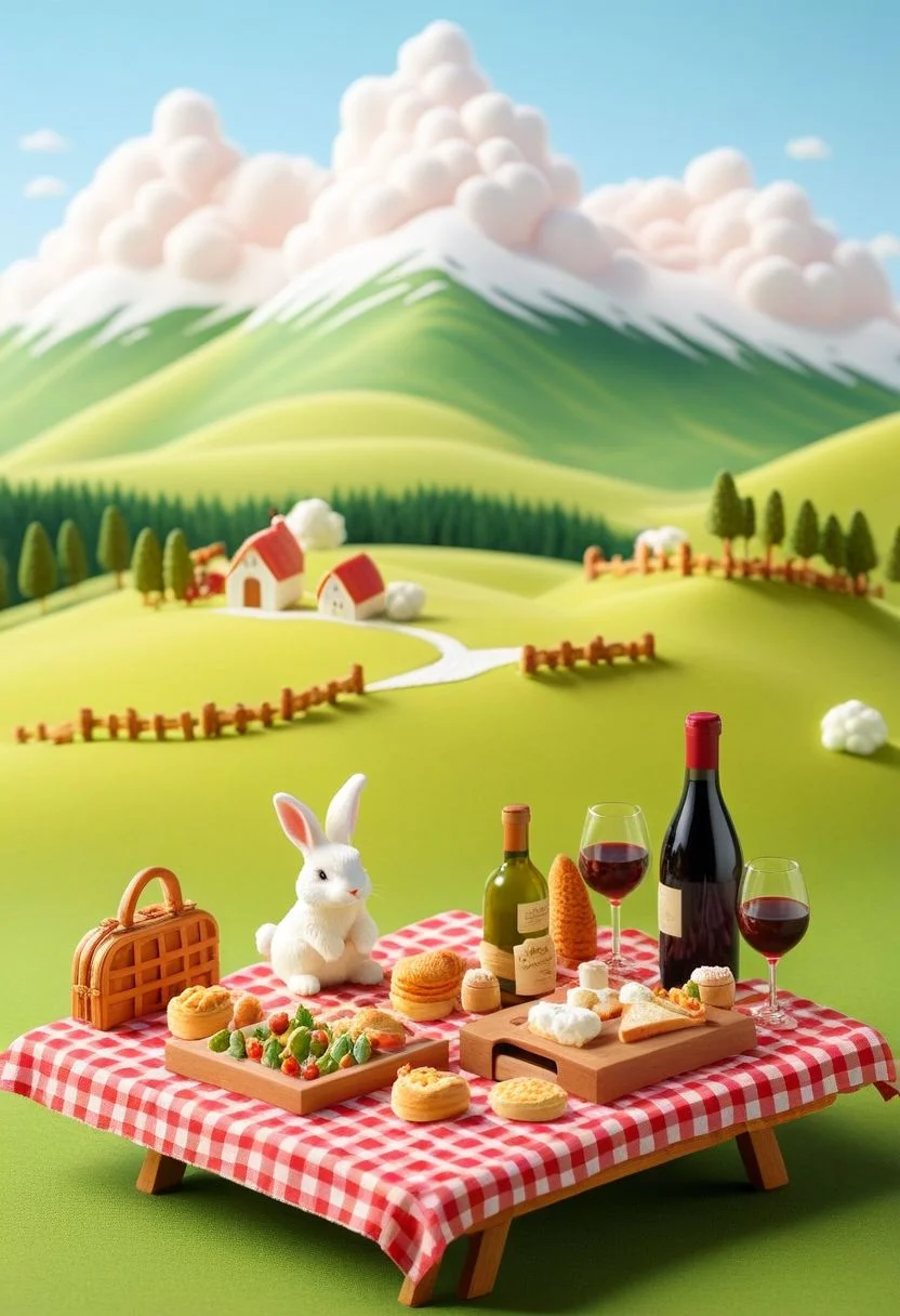 ispzxll, diorama, isometric, miniature, fluffy clouds, big open field, food on table, rabbits, green grass, snow capped mountains, valley, picnic table, table, trees, wine bottle, checkered tablecloth, picnic