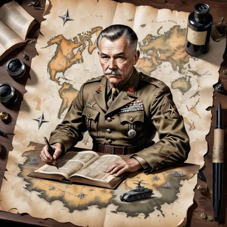 old book style ink illustration, on parchment on a map sitting on a WW2 general on desk, ((general's camo is black drab)), ink splashes, ink stains, ink smears, faded ink, magical spell, paintless,