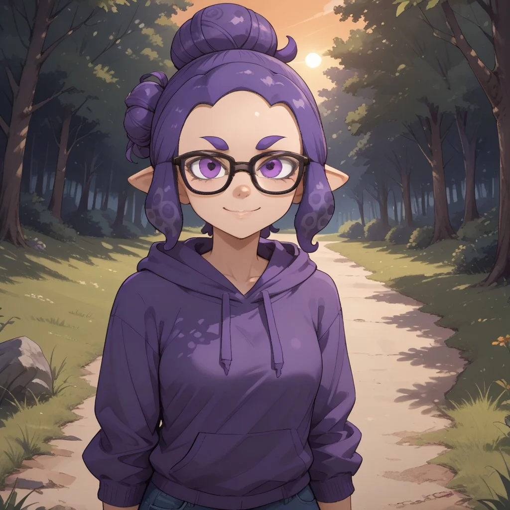 score_9, score_8, BREAK, solo, splatoon, inkling, female inkling, 1girl, tentacle hair, purple hair, single hair bun, purple eyes, glasses, cute, purple eyebrows, purple hoodie, purple jeans, purple shoes, breasts, Jeanette_Romero_(\OC_Inkling\), sexy pose, self portrait, smile, outdoors, sunlight, shadows, evening lighting, natural lighting, forest, trees, grass, orange sky, sunset