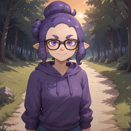 score_9, score_8, BREAK, solo, splatoon, inkling, female inkling, 1girl, tentacle hair, purple hair, single hair bun, purple eyes, glasses, cute, purple eyebrows, purple hoodie, purple jeans, purple shoes, breasts, Jeanette_Romero_(\OC_Inkling\), sexy pose, self portrait, smile, outdoors, sunlight, shadows, evening lighting, natural lighting, forest, trees, grass, orange sky, sunset