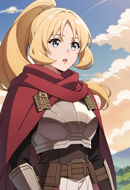 score_9, score_8_up, score_7_up, source_anime, rina rupaage, blonde hair, ponytail, blue eyes, 1girl, solo, long hair, sky, cloud, outdoors, cape, upper body, red cape, emblem, parted lips, armor, open mouth
