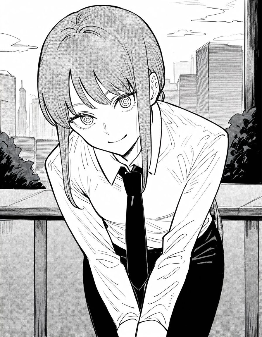 score_9, score_8_up, score_7_up, source_anime,
makima, <lora:chainsawman-makima-manga-ponyxl-lora-nochekaiser:1>,
makima, long hair, smile, bangs, braid, braided ponytail, ringed eyes, monochrome, greyscale,
shirt, long sleeves, white shirt, necktie, collared shirt, pants, black pants, formal, suit, black necktie, shirt tucked in, office lady,
outdoors, cityscape, smile, bent over,
looking at viewer, cowboy shot, dutch angle, solo,