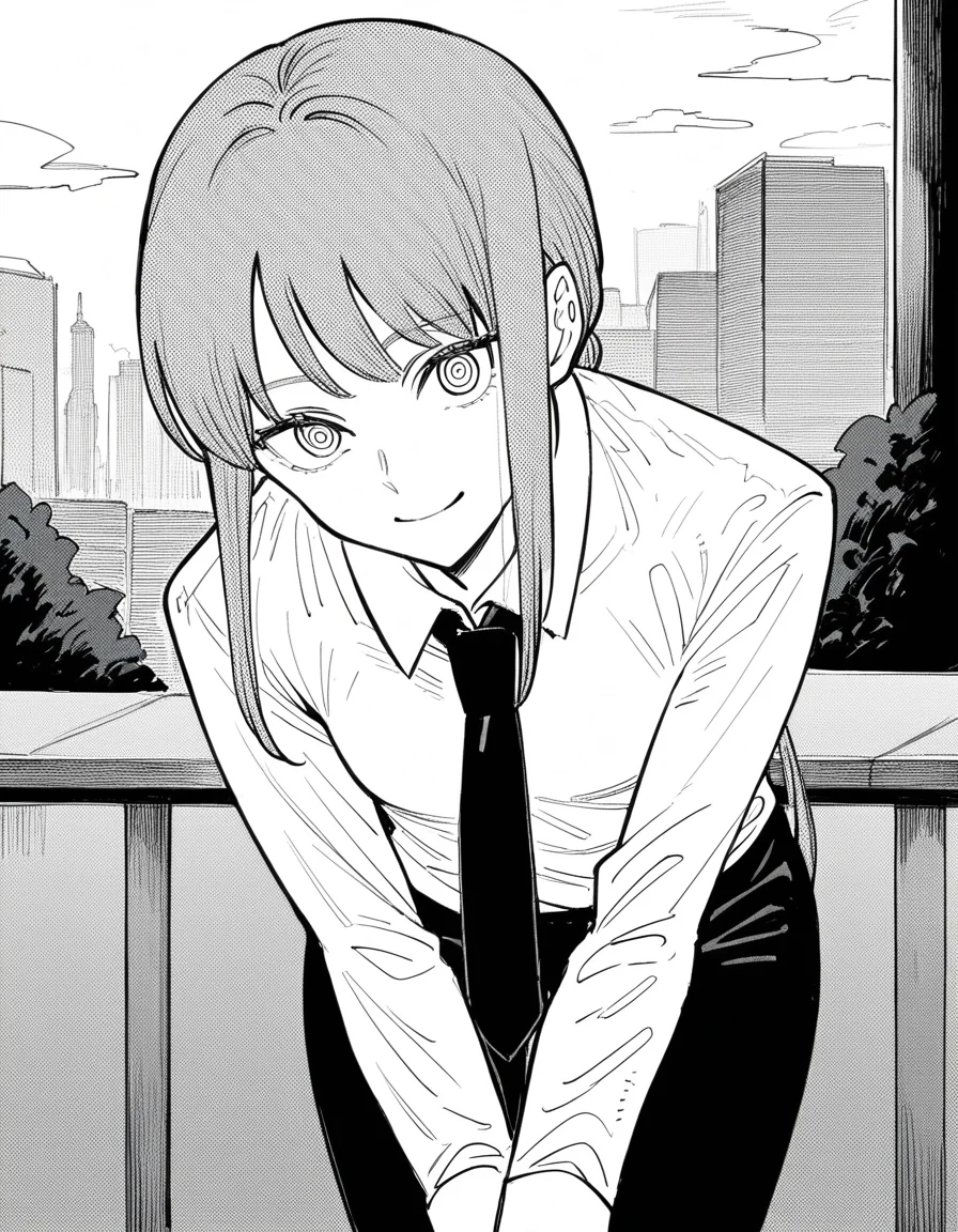 score_9, score_8_up, score_7_up, source_anime,
makima, <lora:chainsawman-makima-manga-ponyxl-lora-nochekaiser:1>,
makima, long hair, smile, bangs, braid, braided ponytail, ringed eyes, monochrome, greyscale,
shirt, long sleeves, white shirt, necktie, collared shirt, pants, black pants, formal, suit, black necktie, shirt tucked in, office lady,
outdoors, cityscape, smile, bent over,
looking at viewer, cowboy shot, dutch angle, solo,