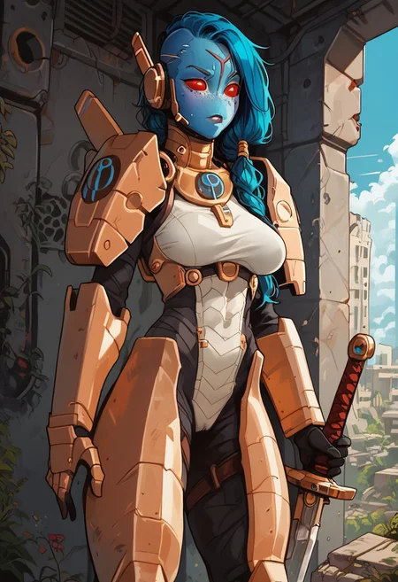 (score_9, score_8_up, score_7_up), sci-fi, petite, curves, freckles, huge natural saggy breasts, thick thighs, perfect eyes, high quality, vivid colours, g0thicPXL, lilandavastyle, possmach, standing, solo, alone, athletic, abandoned military base, city ruins, injured, 1girl, Tauxl, alien, blue skin, red sclera, noseless, no nostrils, forehead mark, sci-fi armor, headset, armored legs, shoulder armor, covered collarbone, (((holding sword in one hand)))