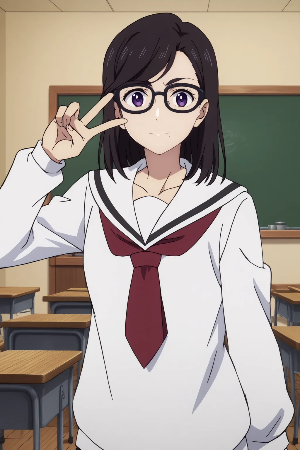 hizuru minakata,1girl,solo,glasses,breasts,serafuku,school uniform,white sailor collar, mole under mouth,long_hair, looking at viewer,black-framed eyewear,bangs,standing,peace sign,light smile BREAK indoors,classroom, <lora:Hizuru_Minakata_-_Summer_Time_Rendering.safetensors:0.8> <lora:detailed_backgrounds_v2.safetensors:0.5>