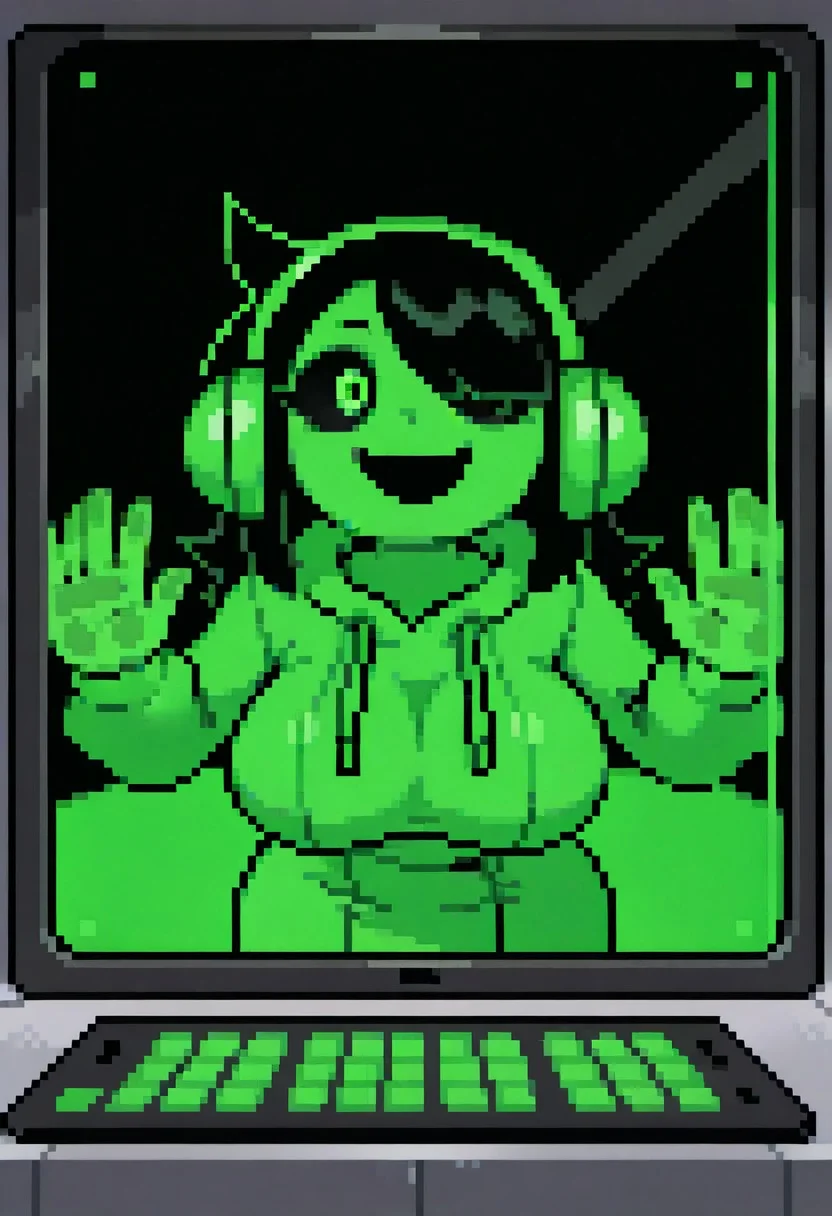 masterpiece, best quality, amazing quality, absurdres, aijalon,
BREAK,
(dj exit), ((solo)), green skin, black hair, long hair, ((hair over one eye, eyes open wide)), ((black sclera)), green eyes abstract, ((scary)), eyelashes, female, large breasts,, tiny waist, headphones, (((huge green hoodie))), short green skirt, wide smile, open mouth, black mouth abstract, ((simple)), ((leaning forward, chest pressed against the screen, hands pressed against the screen, behind glass)),