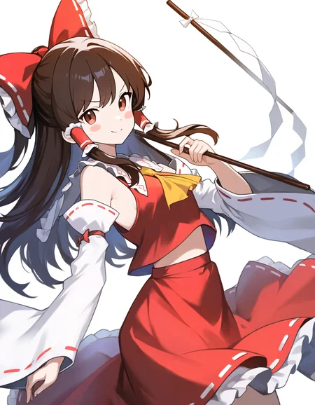 1girl, hakurei reimu, 
solo, looking at viewer, smile, simple background, white background, h1e, cowboy shot, nontraditional miko, brown eyes, vest, red skirt, ribbon trim, hair tubes, v-shaped eyebrows, sidelocks, frilled shirt collar, long hair, red bow, bow, red eyes, skirt set, ribbon-trimmed sleeve, blush stickers, frills, hand up, midriff peek, skirt, wide sleeves, gohei, closed mouth, yellow ascot, bare shoulders, holding, brown hair, detached sleeves, ascot, hair bow, frilled bow,
masterpiece, best quality, very aesthetic, newest, absurdres, incredibly absurdres
 <lora:hle:1.1>