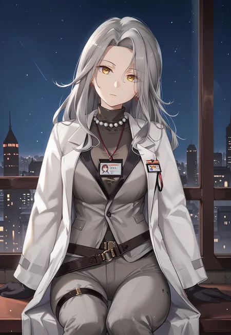 LadyGrey, long hair, labcoat, black gloves, grey hair, pearl necklace, white coat, grey pants, id card, yellow eyes, long sleeves, earrings, shirt, open coat, turtleneck, grey jacket, thigh strap, belt,

looking at viewer, sitting, leaning back, closed mouth, head tilt,
 
indoor, window, city, neon lights, dark, night, night sky, 

1girl, solo, solo focus, highres, absurdres, light particles, backlighting, shade, lens flare, shiny skin, fine fabric emphasis,