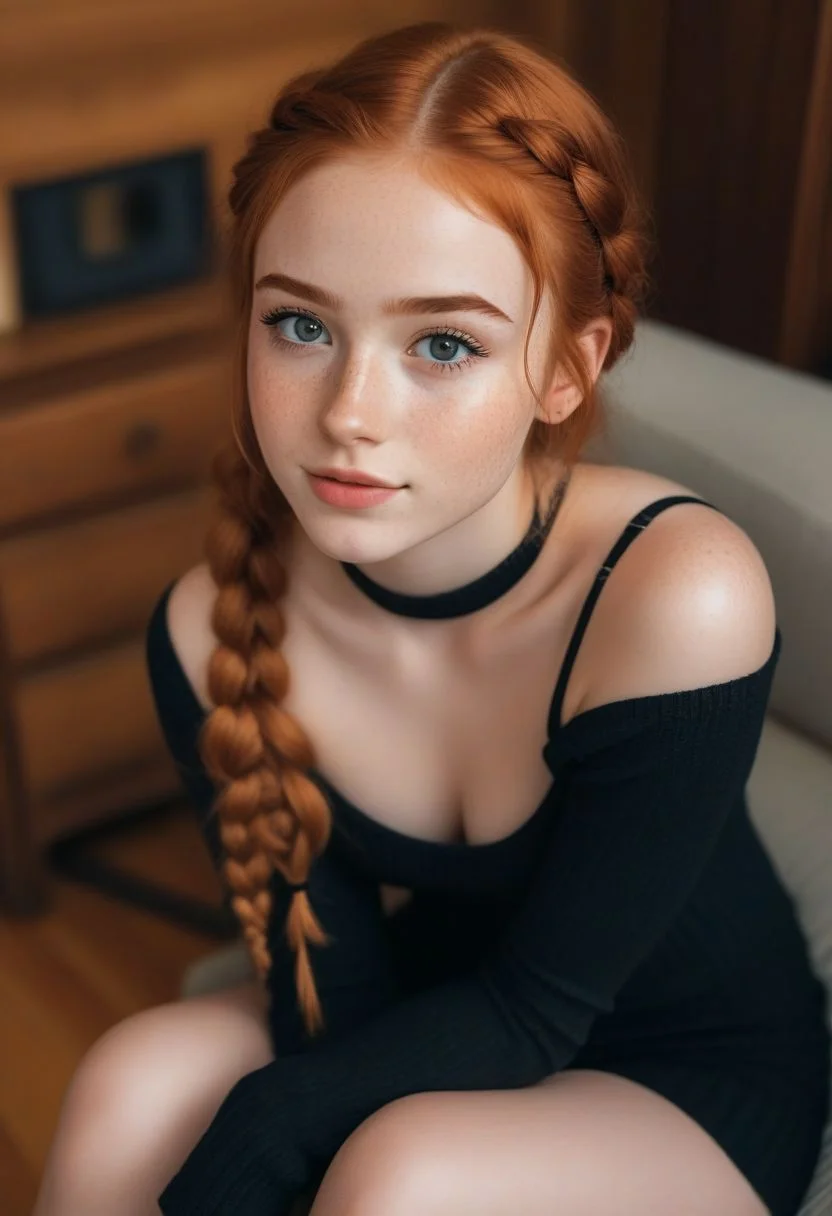 portrait, upper body, close up, cute woman, beautiful, 20 years old, (black bold eyeliner, makeup:1.3), freckles, soft smile, shoulder length ginger braided hair at side, ear,
kneeling, living room, freckles, knee high socks, petite body, beautiful legs, realistic soft skin, looking at viewer, from above, pov, mischievous smirk, biting lip
hyperdetailed analog photo, Cinematic, wooden house,