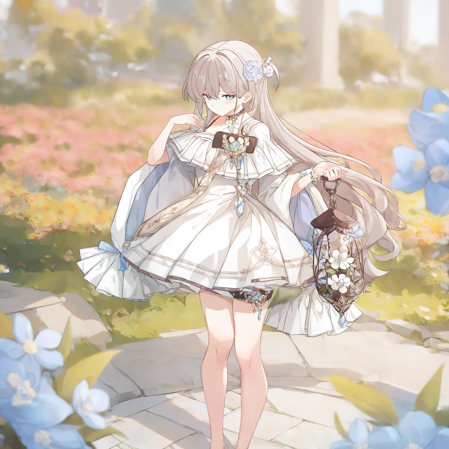 solovey, 1girl, hair ornament, hair flower, white dress, looking at viewer, barefoot, standing, thigh strap, holding lantern, masterpiece, best quality, highres, absurdes, depth of field, newest, year2024,<lora:solovey:1>