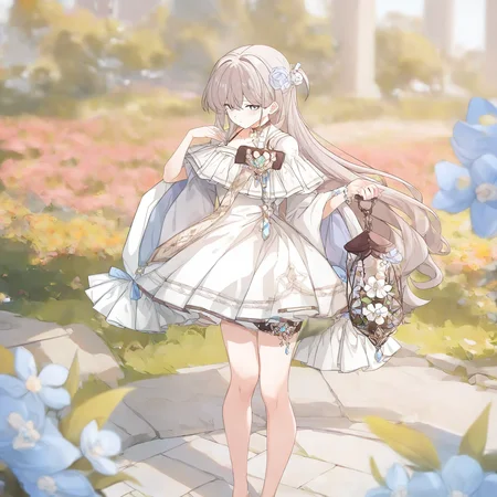 solovey, 1girl, hair ornament, hair flower, white dress, looking at viewer, barefoot, standing, thigh strap, holding lantern, masterpiece, best quality, highres, absurdes, depth of field, newest, year2024,<lora:solovey:1>