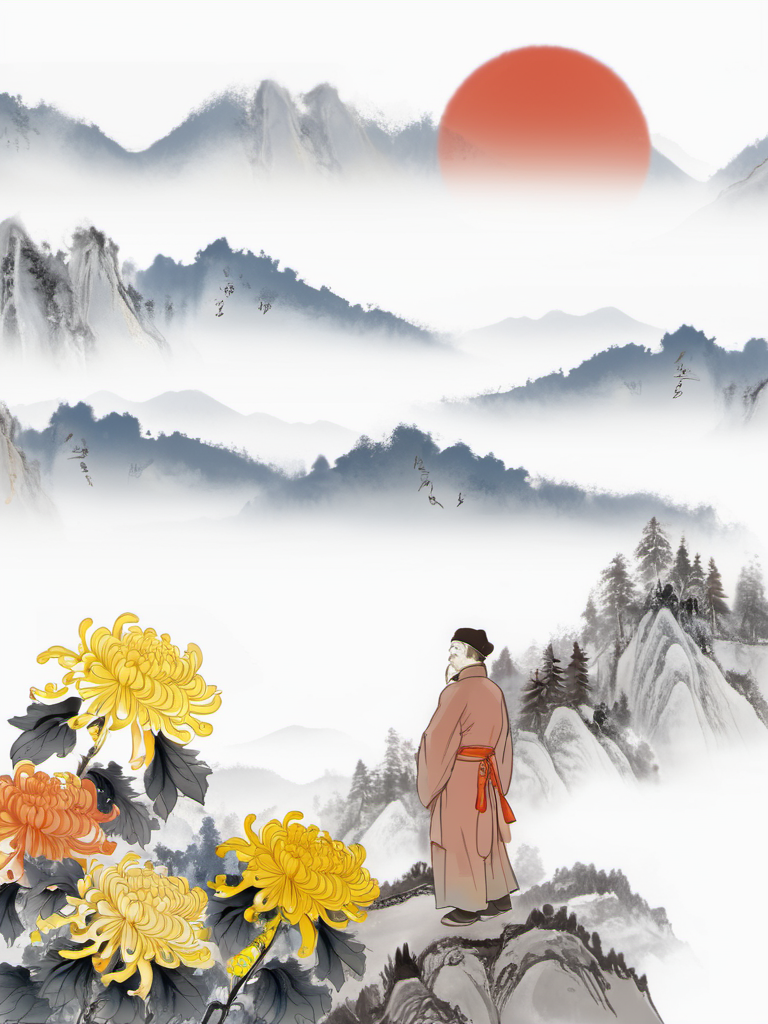 ChongYang Photography, a poet standing on mountain top, looking at hills below, red sun,  chrysanthemums, best quality, high quality, masterpiece, 8K UHD, highly detailed, ultra detailed <lora:ChongYang_v1.0:0.8>