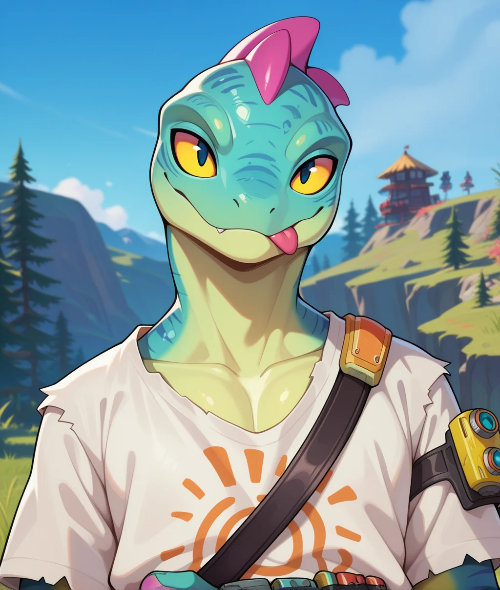 high quality,best quality,solo,furry,anthro,lizzik_(fortnite),white shirt,front view,detailed background,half-body portrait,head portrait