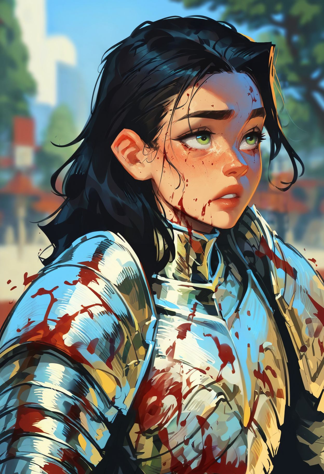 score_9,score_8_up,core_7_up, <lora:samdoesarts_pdxl_v1:1>1girl, armor, green eyes, solo, blurry, freckles, blood, parted lips, black hair, day, blurry background, outdoors, upper body