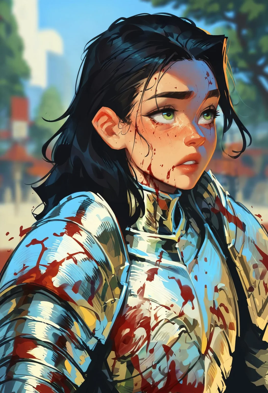 score_9,score_8_up,core_7_up, <lora:samdoesarts_pdxl_v1:1>1girl, armor, green eyes, solo, blurry, freckles, blood, parted lips, black hair, day, blurry background, outdoors, upper body