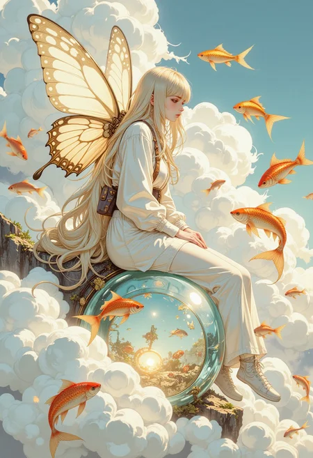 Ethereal Watercolor Dream – A young woman with translucent butterfly wings sits atop a floating glass orb, her long pastel hair merging into the misty sky. Soft, layered watercolor washes blur the boundaries between her form and the background, creating a surreal, almost weightless feel. Tiny golden fish swim through the air, their scales shimmering in faint, iridescent hues. detailed clouds, yellow and ethereal white clouds,