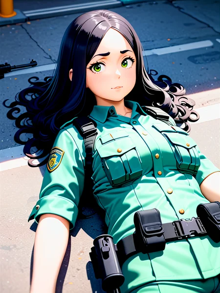 anime, best quality, (masterpiece:1.4), (high quality:1.4), sharp focus, 4k, absurd resolution, detailed hands, curly hair, long hair, (black hair:1.6), 1girl, mature female, (parted hair:1.7), (round face), (no_bangs:1.3), (no_fringe:1.6), <lora:ETO_OC_XL:0.7>, (thick eyebrows:0.9), (plump:0.8), round-chin, (greenish brown eyes), (brownish green eyes), caucasian, down-turned eyes, 1girl, (forehead:0.65), <lora:swat gear_xl:0.7> swat gear, weapon, (Lying on back Thumbs up), gun, uniform, police, rifle, street, officers, soldier, military, officer,