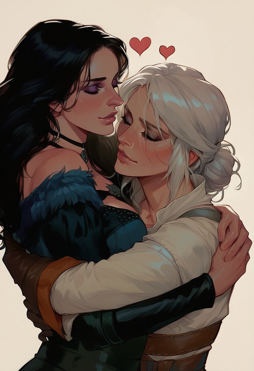 score_9, score_8_up, score_7_up, western cartoon, 2girls, yennefer, ciri, upper body, hearts, hug, platonic,