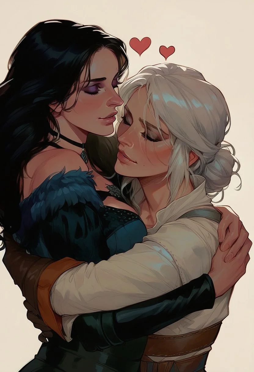 score_9, score_8_up, score_7_up, western cartoon, 2girls, yennefer, ciri, upper body, hearts, hug, platonic,