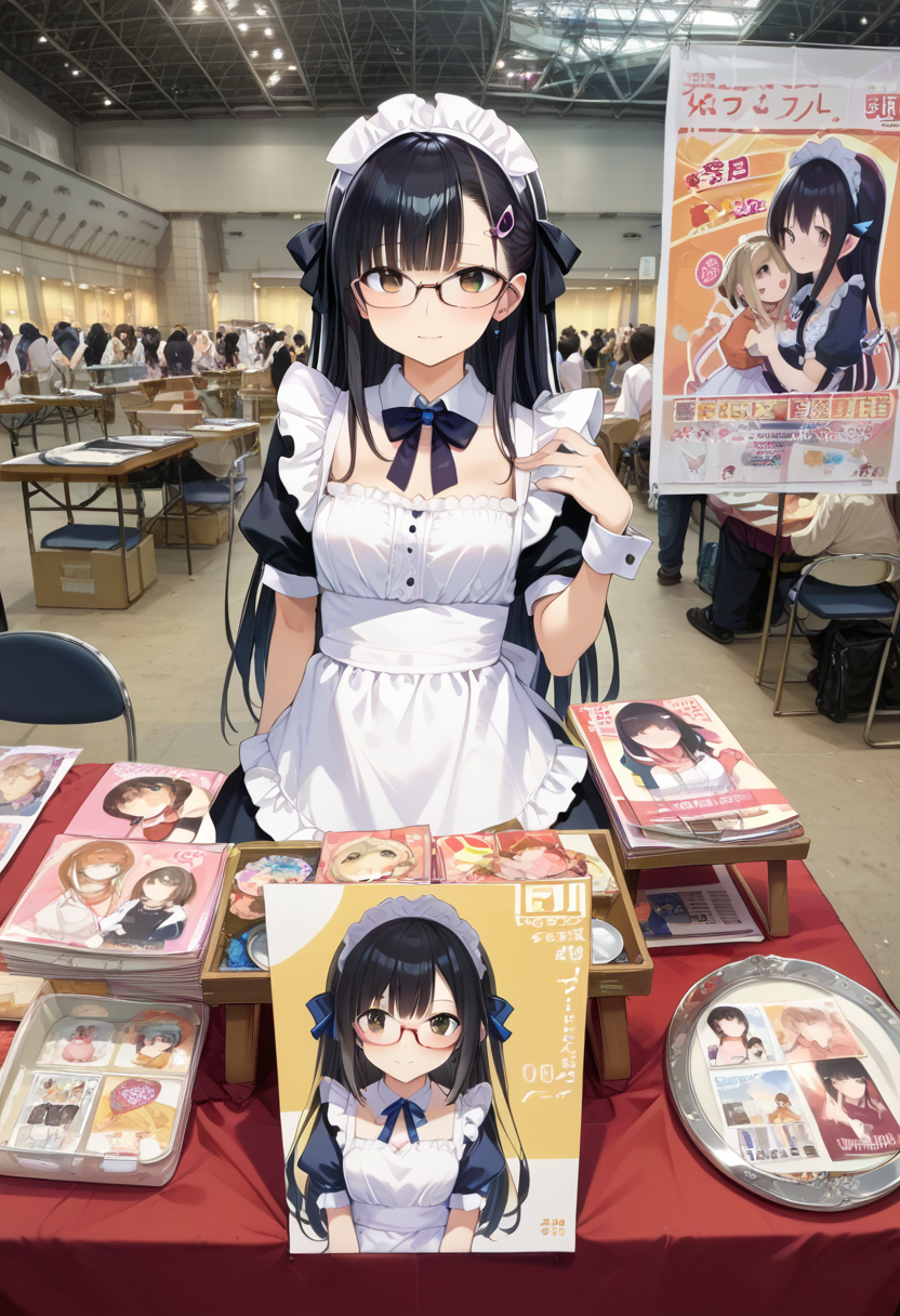 score_9, score_8_up, score_7_up, rating_safe, masterpiece, best quality, absurdres, unity 8k wallpaper, official art, official style, source_anime, uncensored, game cg, megami magazine,
1girl, glasses, long hair, black hair, maid, maid apron, short sleeves, looking at viewer, 
ccs, table, chair, book, multiple girls, indoors, poster (object), photo background
 <lora:comiket_circle_space_PONY_V1:1>