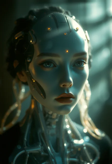 Close up face, (hybrid ethereal host - cybernetic woman). Eerie, moody atmosphere, (biomechanical details), intricate metal textures, surreal and haunting vibes, illuminated by soft, otherworldly light, shadowy background with faint glimmers, hyperdetailed design, enigmatic presence, striking contrast between light and darkness, visually compelling composition, (4K), ultra-detailed artistry. hkmagic, cyberpunk, style of H. R. Giger, <lora:artist/style_of_H._R._Giger_FLUX_295-000006.safetensors:1.0>, .  <lora:Sinfully_Stylish_1.0_Flux:0.8> sinfully stylish, dramatic light, soft light, long shadows <lora:fantasy_portrait_by_cosmic:0.8>âââ