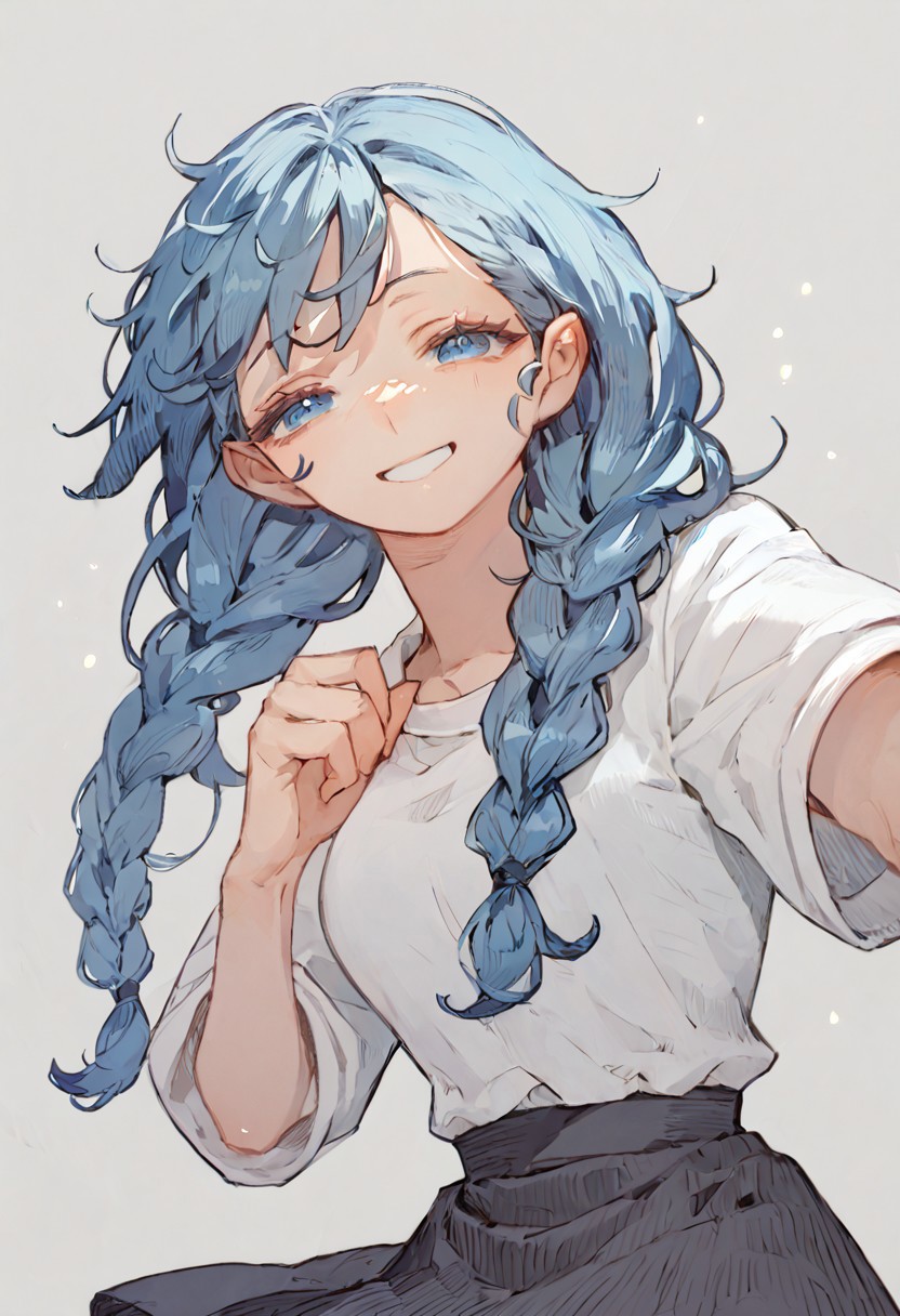 score_9, score_8, score_7, 1girl, solo, long hair, blue eyes, blue hair, twin braids, white shirt, black skirt, smile,