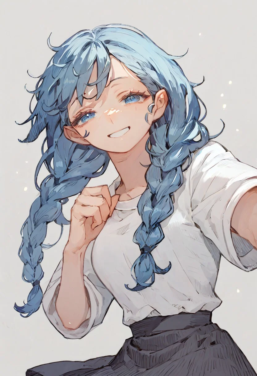 score_9, score_8, score_7, 1girl, solo, long hair, blue eyes, blue hair, twin braids, white shirt, black skirt, smile,