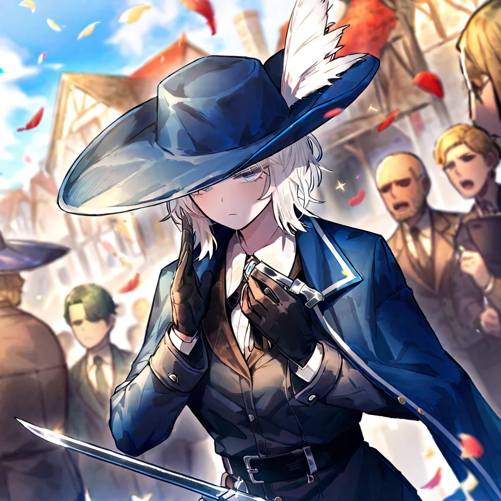 white hair,gloves,faust \(project moon\),black gloves,blue eyes,multiple girls,blue cape,shirt,hat,white shirt,holding a bayonet sword in one hand,plume,short hair,expressionless,multiple boys,collared shirt,solo focus,long sleeves,cape,outdoors,2girls,closed mouth,sky,blue headwear,coat,multiple others,holding weapon,open mouth,<lora:LimbusCompany Style:1>,