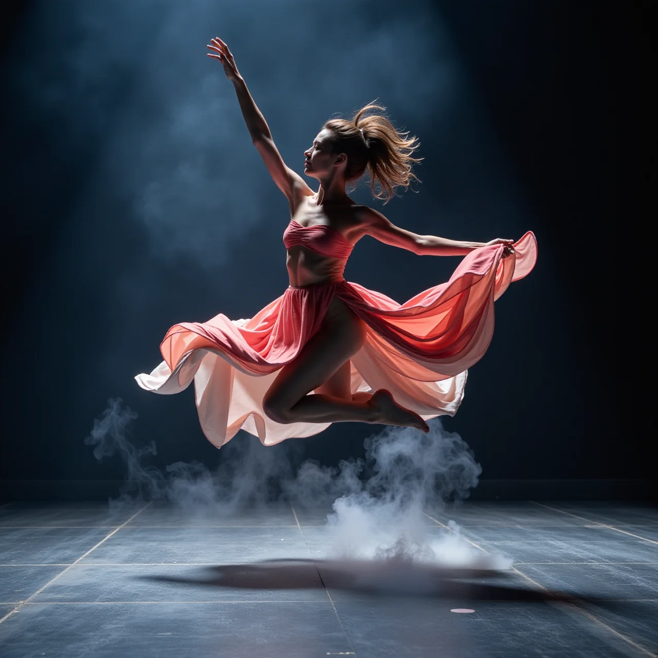 "dancer in a vibrant, flowing costume leaping in the air, with fabric and hair dramatically caught in mid-motion on a dark stage with dry ice fog clinging to the floor. The dancer's movement causes swirls in the fog"
