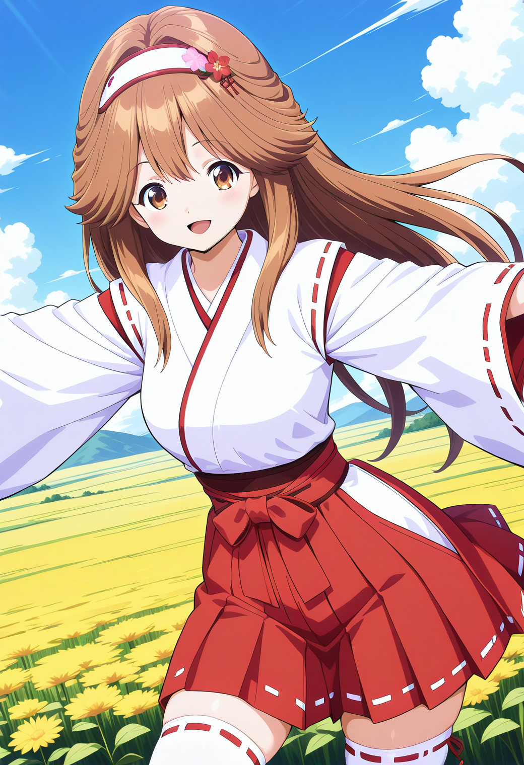kawai_iyona, brown eyes, brown hair, long hair, hairband, japanese clothes, miko, red hakama, hakama skirt, thighhighs, zettai ryouiki, <lora:kawai_iyona_illustrious_ver1:0.8>
smile, open mouth, 1girl, solo, (field:1.2), (blue sky:1.2), looking at viewer,, masterpiece, best quality, general,, (cowboy shot, dynamic pose:1.4),