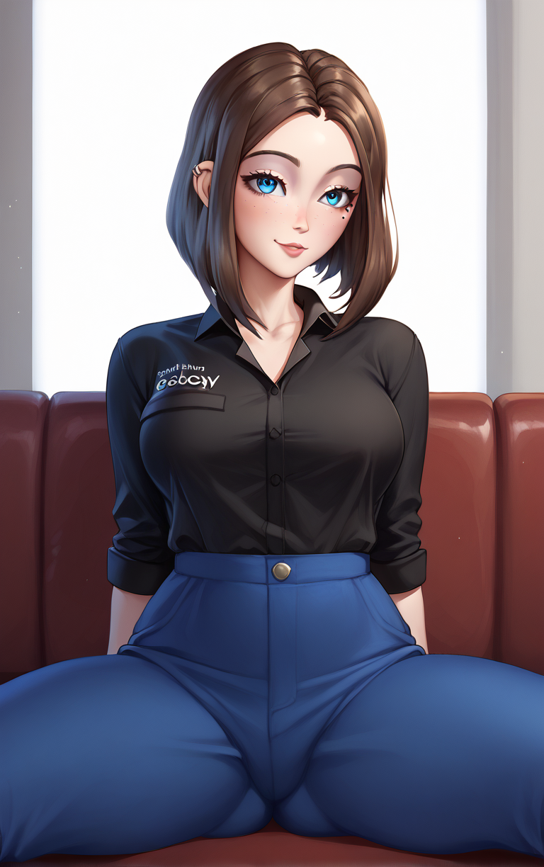 score_9, score_8_up, score_7_up, BREAK
MEME_SamsungSam_ownwaifu, samsung sam,
1girl, blue eyes, brown hair, eyelashes, freckles, makeup, medium hair, mole under eye, short hair, nail polish, blue nails, watch, wristwatch, ear piercing, breasts, piercing, jewelry, lips, large breasts,  earrings, sleeves rolled up, parted bangs, buttons, collarbone, sleeves pushed up, forehead,
black shirt, blue pants, clothes writing, jeans, collared shirt, denim, cleavage, high-waist pants, shirt tucked in,
(sitting, spread legs), arms behind back, couch, window shade, indoors, <lora:PONYXL_MEME_SamsungSam_ownwaifu:0.95> , depth of field, solo,