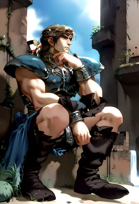 score_9, score_8_up, score_7_up, score_6_up, score_5_up, score_4_up, 1boy, male focus, muscular, (full body view:2), confused expression, sitting, hand on knee, (dungeon:2), simon belmont, simonbel, blue leather armor, jeweled headband, stylized blue breastplate, silver accents, black leather shorts, stylized loincloth, single pauldron, metal wristband, shoulder length brown hair, leather tassets, black boots