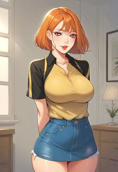 score_9, score_8_up, score_7_up, ASCII masterpiece, source_anime, BREAK, 1girl, solo, (( <lora:yung_eun-kyung:1> , yung_eun-kyung, thin waist, wide hips, beautiful skin, piercing amber eyes, clear eyes, bright pupils, beautiful eyes, beautiful orange hair, beautiful medium bob haircut, bangs, big and shaggy breasts, natural beauty, extraordinary beautiful woman, attractive woman, super sexy woman, lustful body, sexy woman with seductive obscene body, sensual body, voluptuous body, sexy beauty, no piercings, no piercing, )) , ((sexy short-sleeves yellow top with black stipes, short denim skirt, hand watch, )) , sexy pose, cowboy shot, seducative smile, sexy, hands behind back, inside hotel room, morning lights,