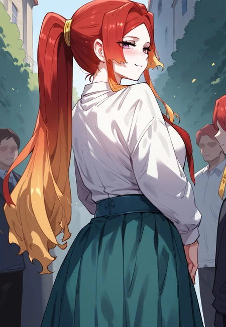 zPDXL3, score_9_up, score_8_up, score_7_up, (Anime_source), 1girl, Marley, lavender eyes, multicolored hair, long hair, red hair, yellow hair, ponytail, school uniform, looking back, looking at viewer, dutch angle, smile, blush, closed mouth, half closed eyes