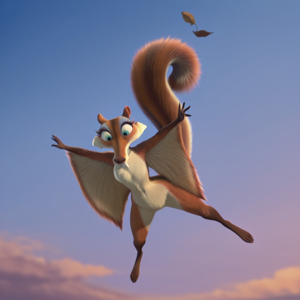 masterpiece, best quality, amazing quality, Scrattedotdil, anthro, female, squirrel, orange-brown fur, green eyes, blue eyeshadow, saber tooth, outside, standing, outstretched arms, winged arms, solo, 1girl, flying, sky