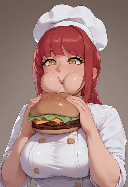 ASCII Makima, yellow eyes, spiral eyes, score,score_9, score_8_up, score_7_up, expressiveh, speedlines, anime style, big natural breasts, oiled body, high quality, show full body ,chef uniform, female, eating hamburger, hamburger, cute face, chef hat
